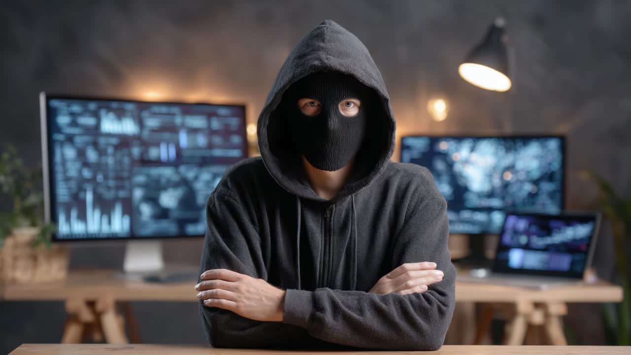 A Mysterious Figure in a Dark Hoodie and Mask Sits in Front of Multiple Monitors, Creating an Intriguing Atmosphere of Digital Enigma and Cyber Intrigue