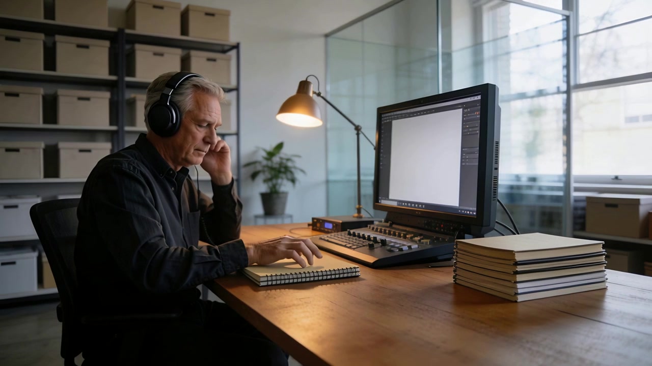 Tager hovedtelefoner på, ældre mand i mørk skjorte justerer mixer og tager noter ved studiebord