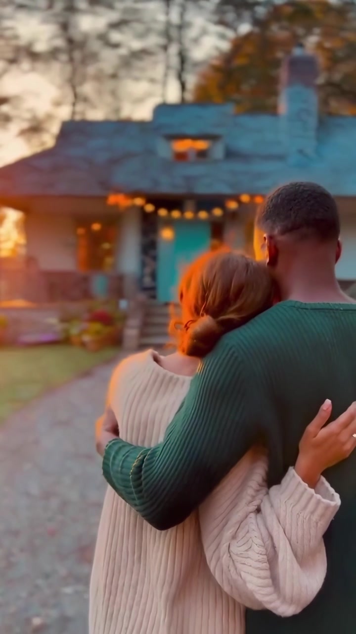 Casal se Abraçando em Frente a uma Casa Aconchegante ao Pôr do Sol