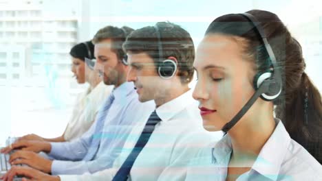 Animation-of-data-processing-over-office-workers-wearing-headsets