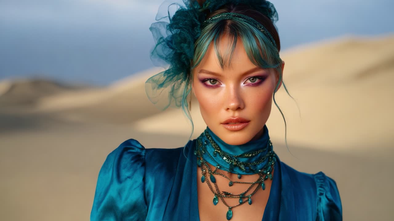 Stunning Portrait of a Fashion Model in Vibrant Blue Attire Amid Serene Sand Dunes, Capturing Elegance, Beauty, and Artistry in a Desert Backdrop