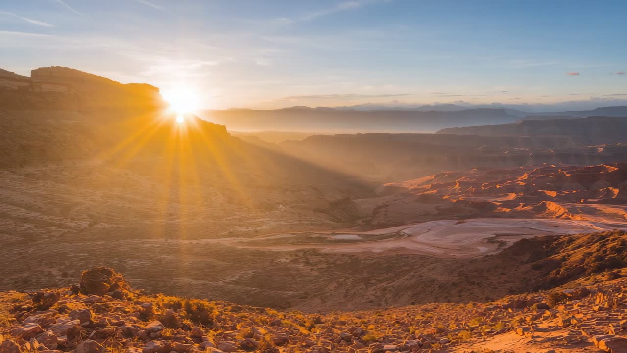 Stigende sol over platået, som lyser opp ørkenkløften fra fjellryggen og avslører daldis.