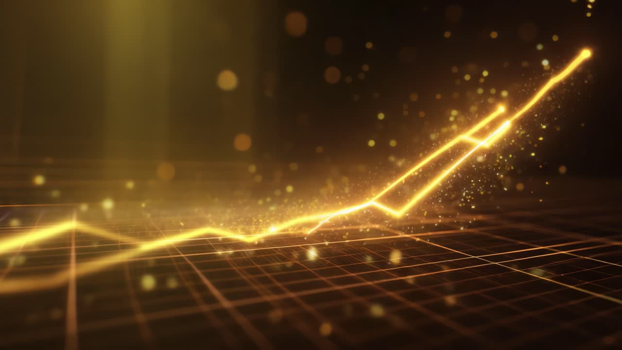 Golden glowing financial chart line rising on a grid, indicating business success, stock market growth, and economic recovery with sparkling particles on a futuristic abstract background