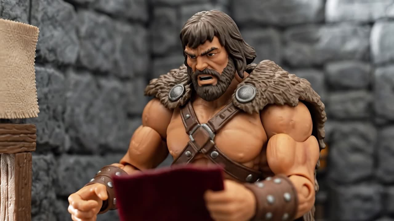 Actionfigur-barbar undersøger stofprøver på et slot