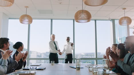 business people handshake in boardroom meeting successful corporate partnership deal executives shaking hands colleagues clapping hands welcoming opportunity for cooperation in office 4k