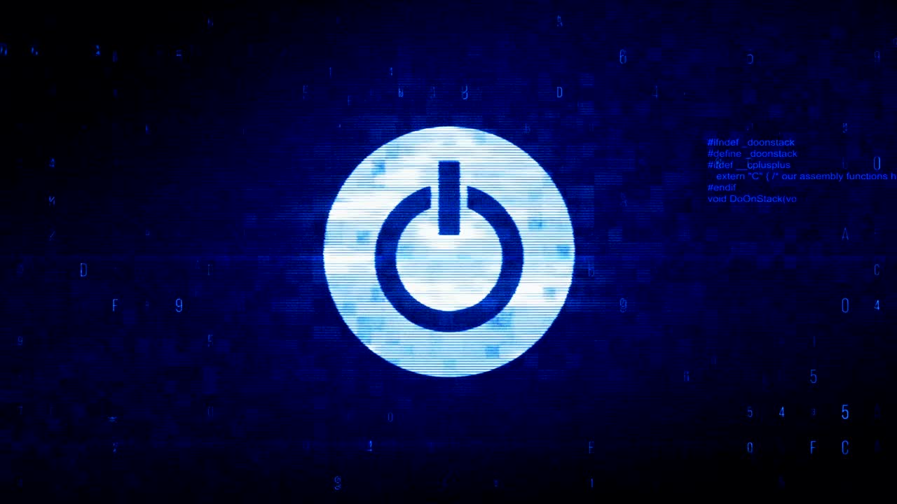 símbolo del botón de arranque de energía de la computadora animación de error de ruido de píxeles digitales.