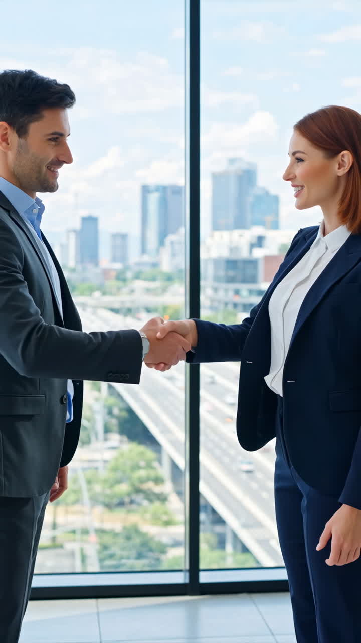 Two Business Professionals Shaking Hands in a Modern Office with City View