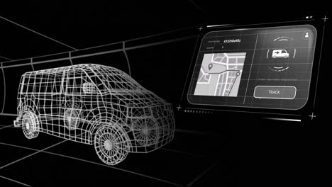 Animation-Der-Digitalen-Schnittstelle-Mit-Karten--Und-Datenverarbeitung-über-Digitalem-LKW-Auf-Schwarzem-Hintergrund