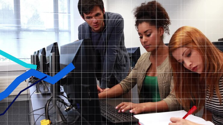 Animation of financial data processing over diverse colleagues using computers in office
