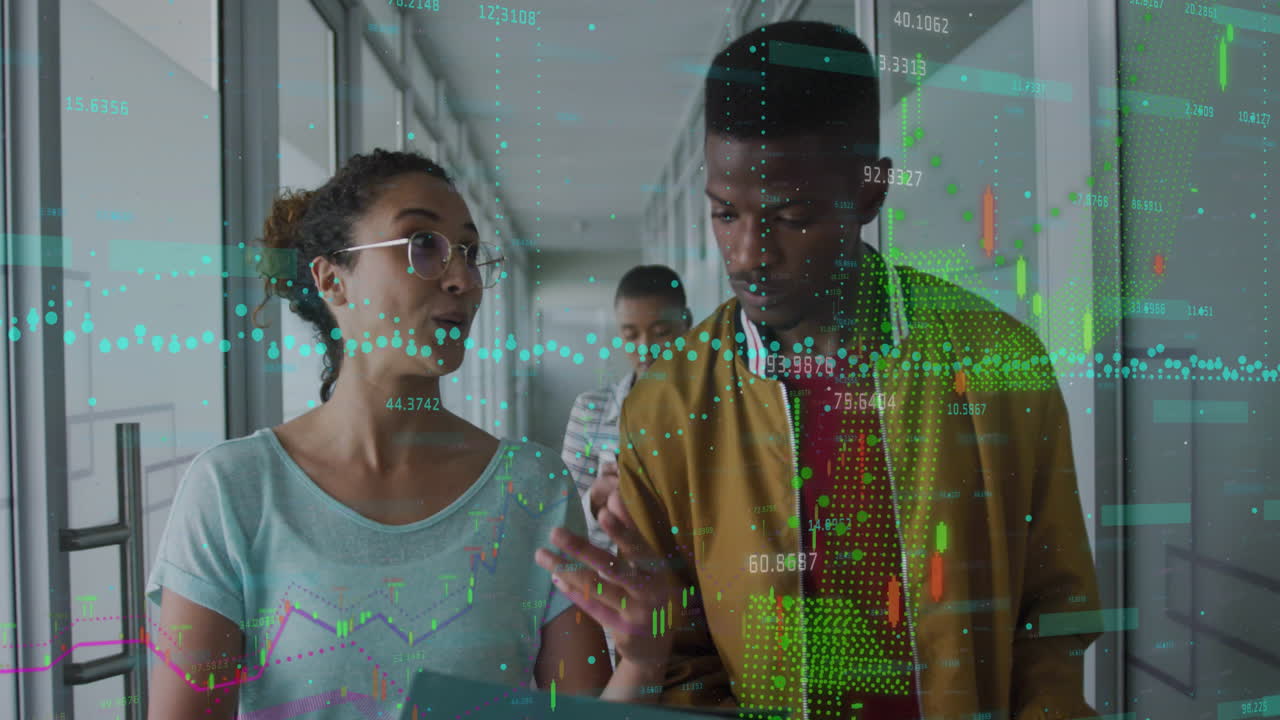 Animation of graphs with numbers over diverse coworkers sharing ideas while walking in corridor