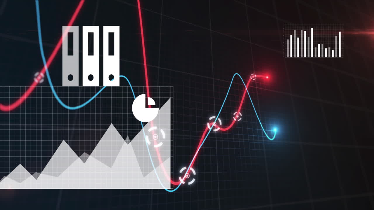 Animation of multiple graphs, map and icons over black background
