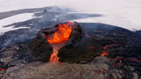 Aerial-cinematic-shots-from-a-4K-drone-capture-the-unique-and-intense-scene-of-an-enraged-volcanic-eruption-against-a-backdrop-of-snowy-winter-scenery