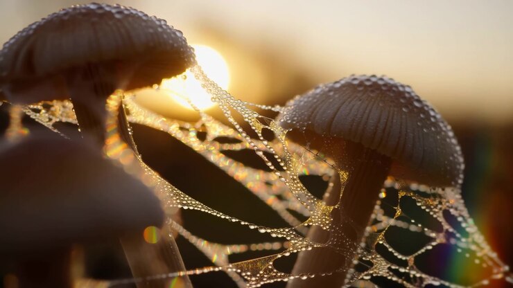 Tiny water beads sparkle across mushroom caps and web threads while golden light passes behind them, revealing ribbed textures, shallow focus, rainbow highlights, and a slowly shifting viewpoint.