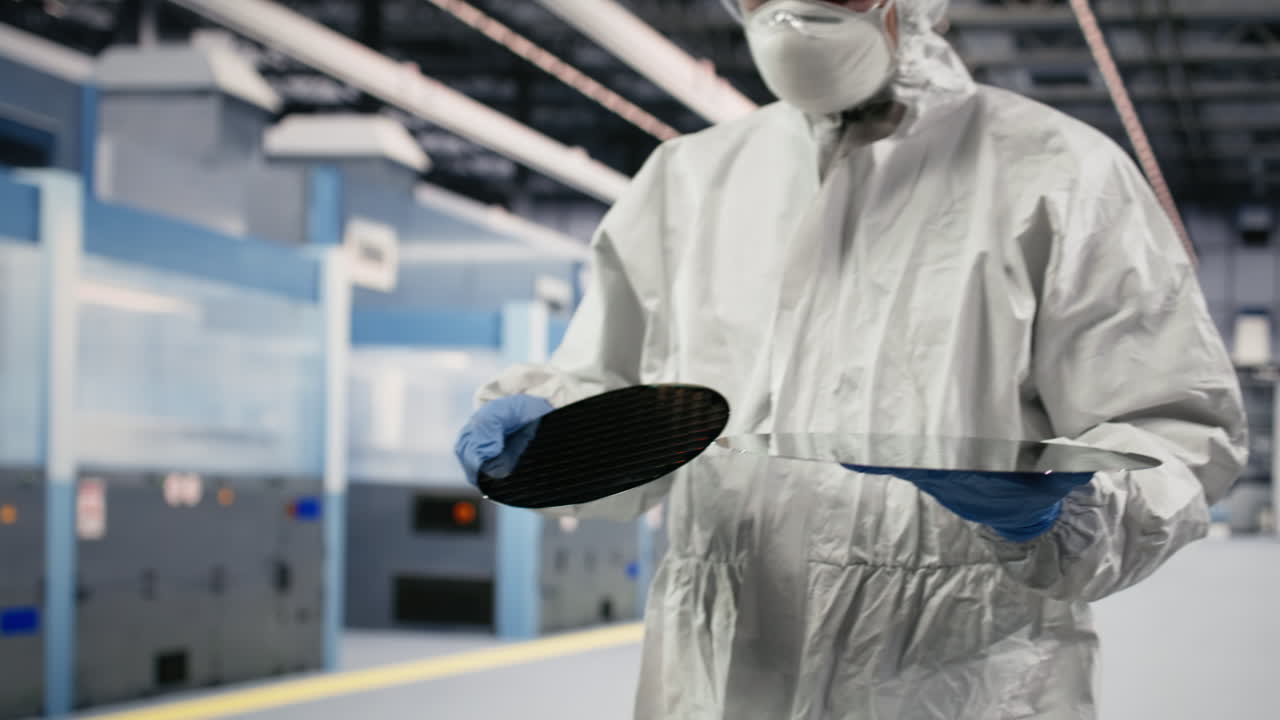 Tecnico che esamina un substrato semiconduttore in una camera bianca di un impianto di produzione