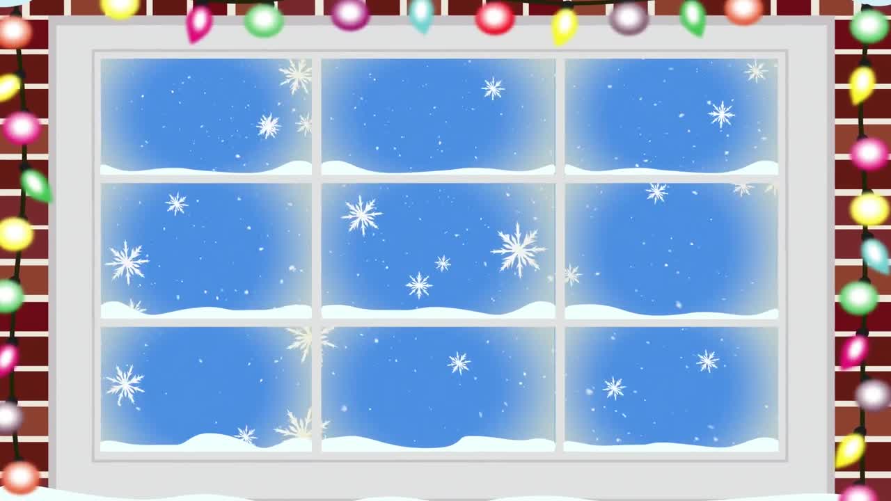 눈이 떨어지고 녹색 불꽃놀이가 폭발하는 애니메이션이 창문을 통해 보입니다.