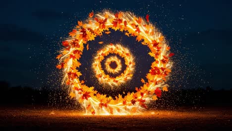 A mesmerizing display of swirling autumn leaves ignited by sparks, creating a vibrant circular pattern that captivates the viewer with its enchanting beauty and dynamic motion