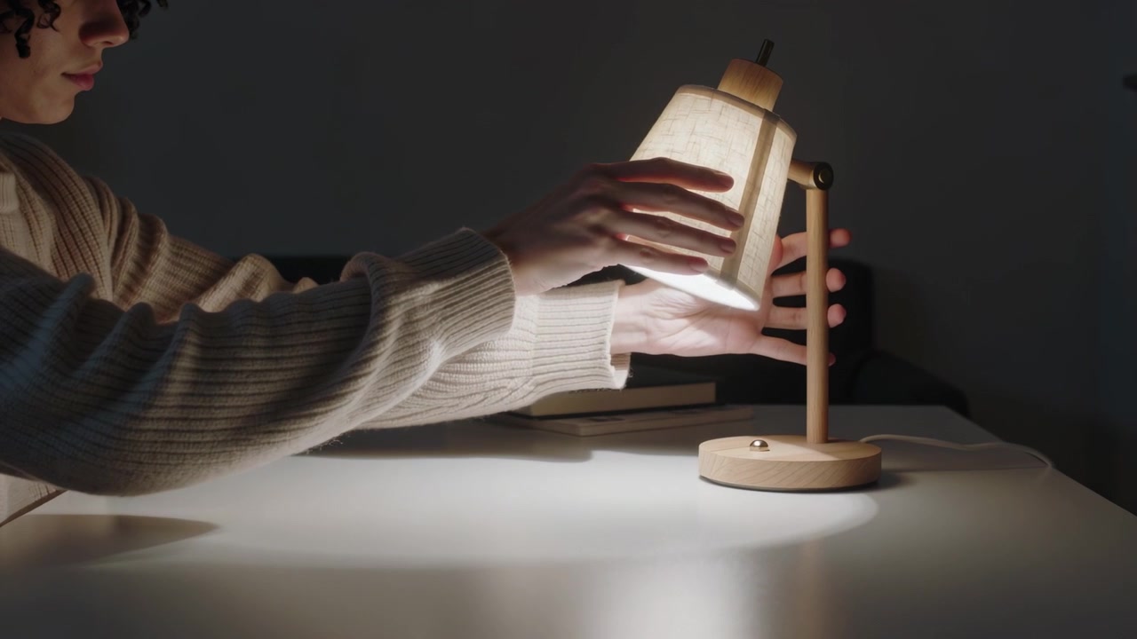 Kvinde i ribstrikket sweater rækker ud og justerer tændt lampe i læsehjørnet for at belyse bog, med plads til tekst.