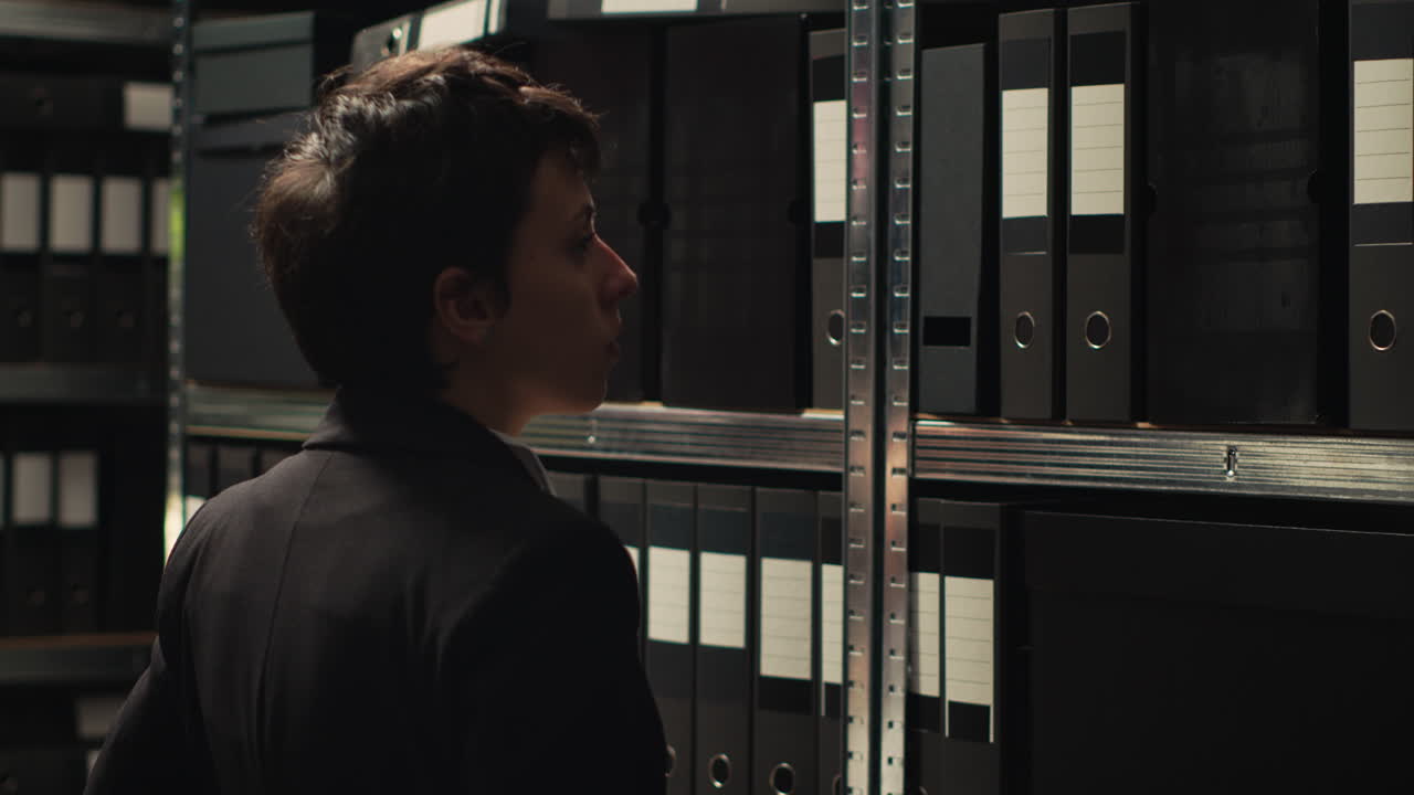 A woman working with files in an office