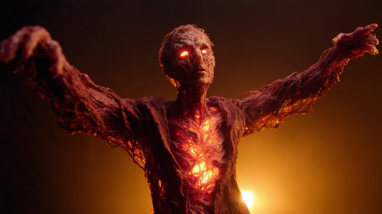 A haunting figure emerges from the darkness, with glowing eyes and a body woven from twisted fibers, embodying an eerie essence that captivates the viewer's imagination