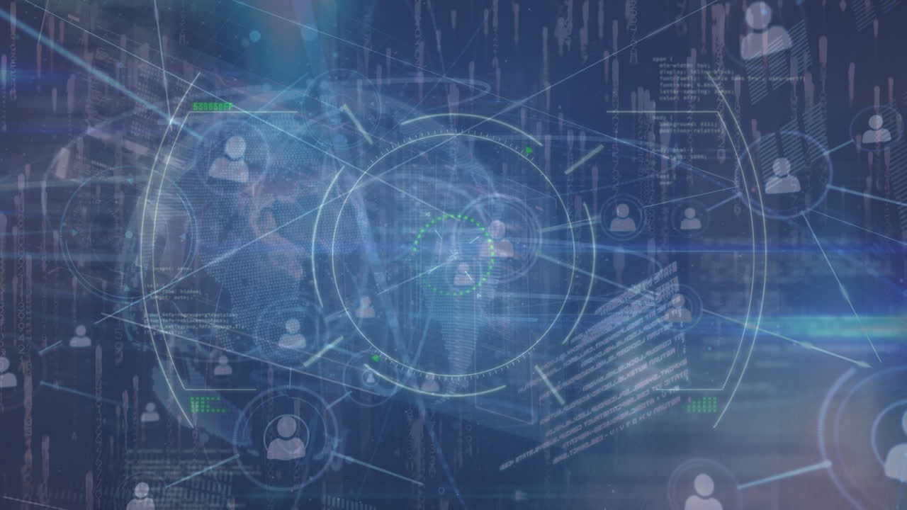 animación de conexiones, globo y luces sobre el espacio digital azul