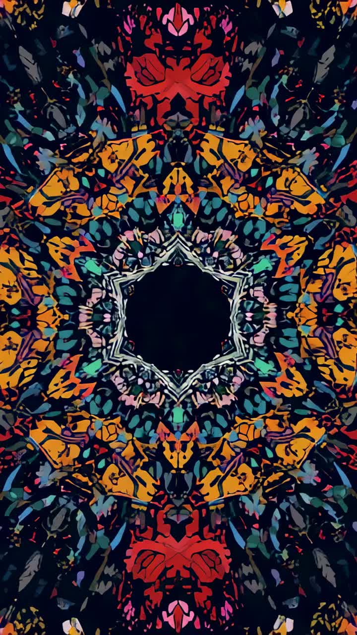 Video verticale: animazione iniziale di un mandala pulsante e trasformante sullo schermo di un telefono, che rivela anelli