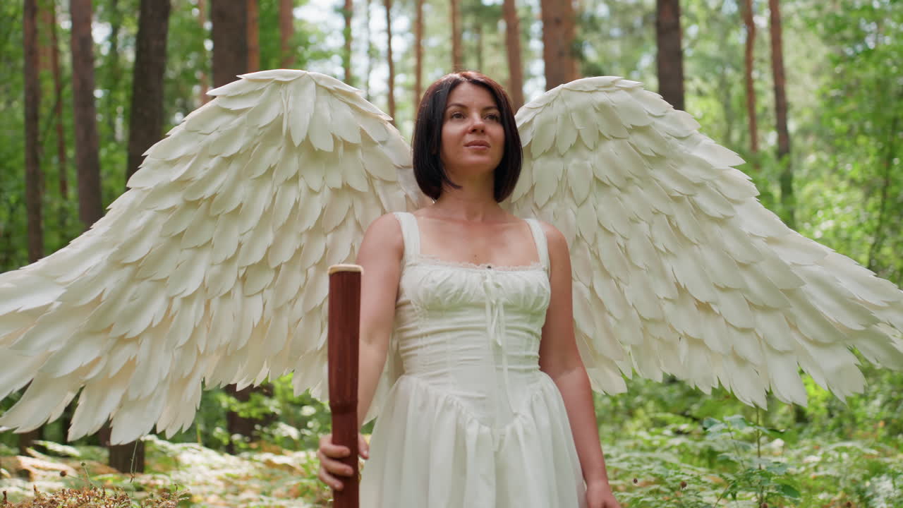 Magical creature of love with large white feather wings in white dress holding wooden staff standing among forest trees lowering it with serious expression surrounded by warm sunlight