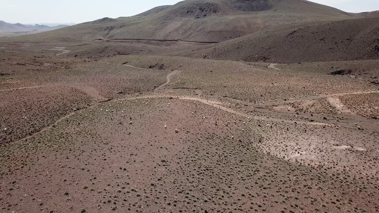 Vista aerea delle aride colline ondulate con vegetazione sparsa a Ouarzazate. L'ampio paesaggio arido evidenzia i modelli di desertificazione nel Marocco meridionale.