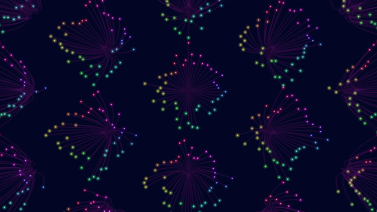 Filmato di particelle luminose multicolori che formano esplosioni di rete radiali su uno sfondo blu scuro, concetto futuristico di visualizzazione dati e comunicazione digitale.