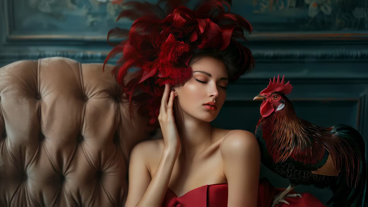 Fashion model wearing an elegant red dress and a feathered headdress poses gracefully on a vintage armchair with a rooster perched beside her in a luxurious vintage interior