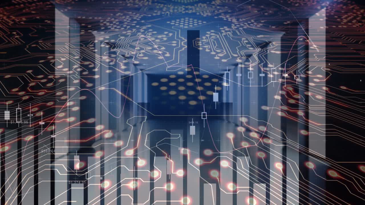 animación del procesamiento de datos en una placa de circuitos informáticos