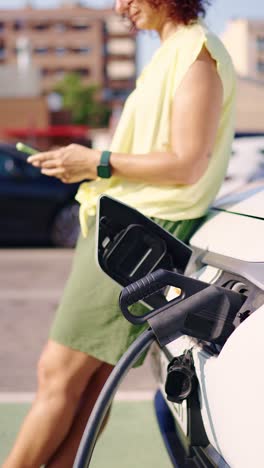 mujer cargando un vehículo eléctrico