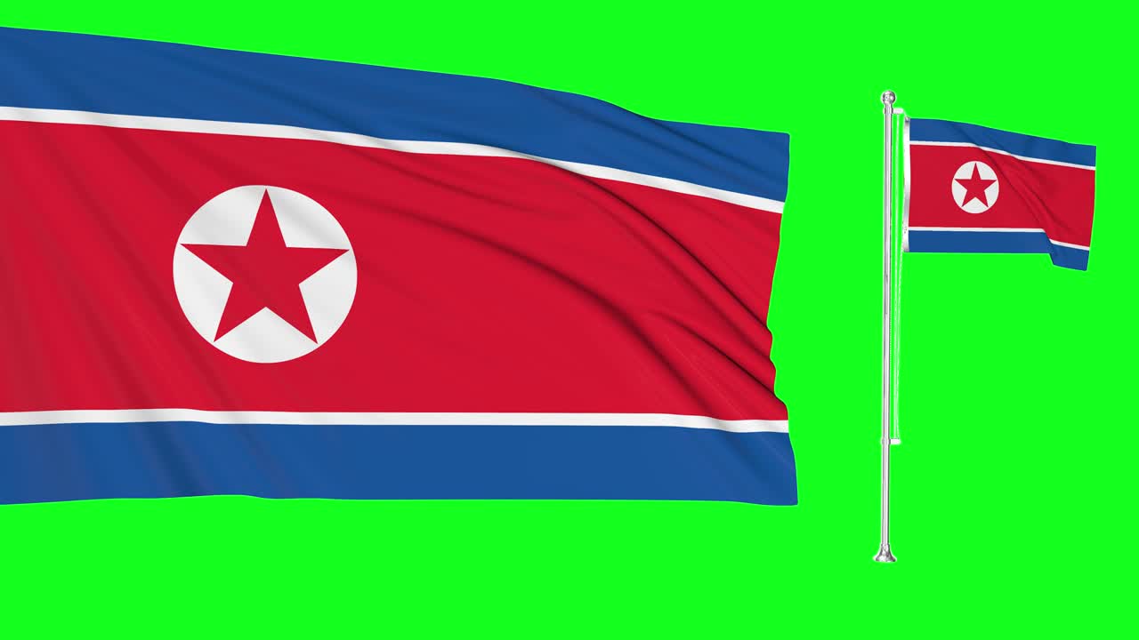 북한의 하이퍼 리얼리즘 루프: 바람에 흔들리는 두 개의 발, 매우 상세한 직물 질감 애니메이션으로 날아가는 한국 발 기둥, 4k 3d 크로마 키