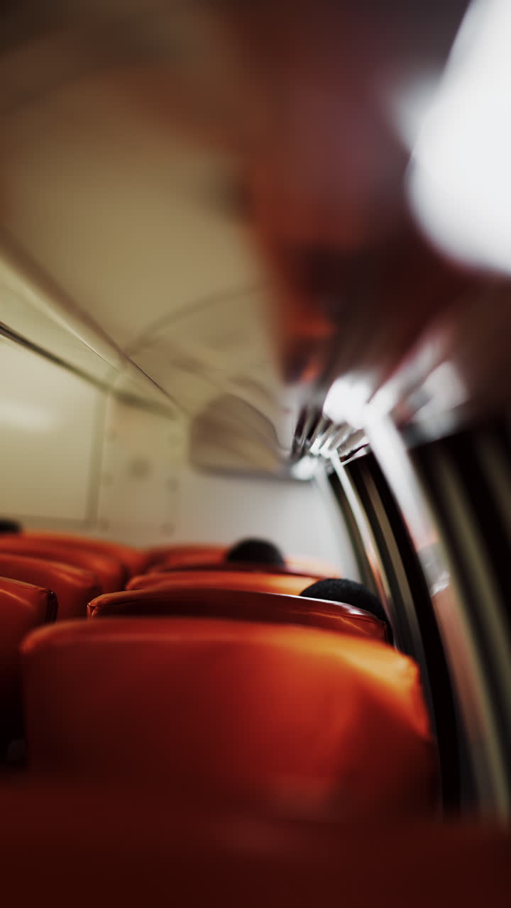 Close up of orange seats near the window of a moving train. Vertical
