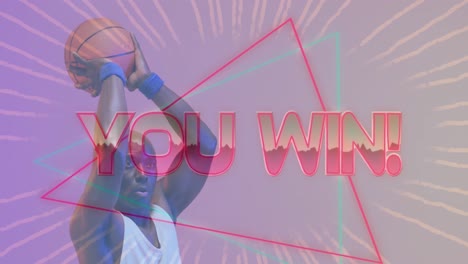 animation of you win text over neon pattern and african american basketball player