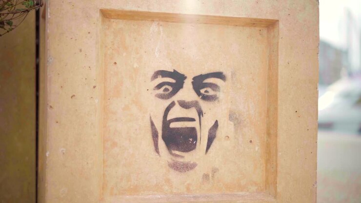 Street art on a wall, graffiti of a screaming face, symbol of frustration and anger