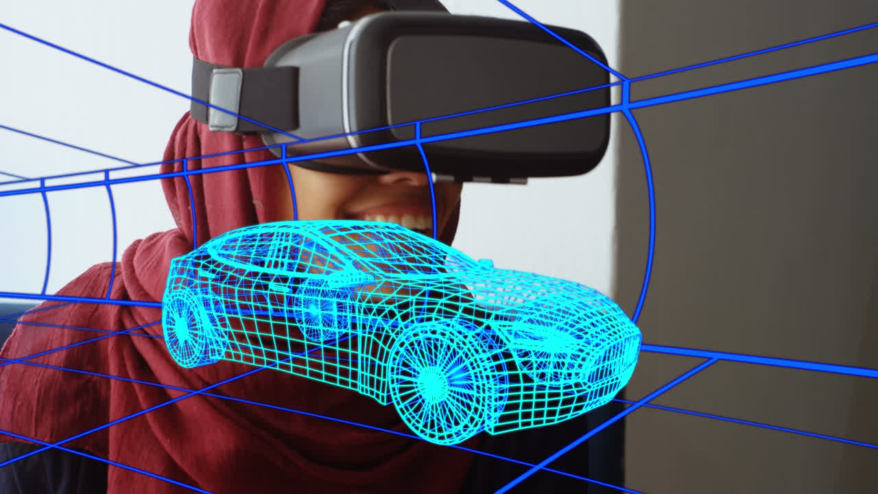 animación de dibujo 3d digital de un coche sobre una mujer usando auriculares vr