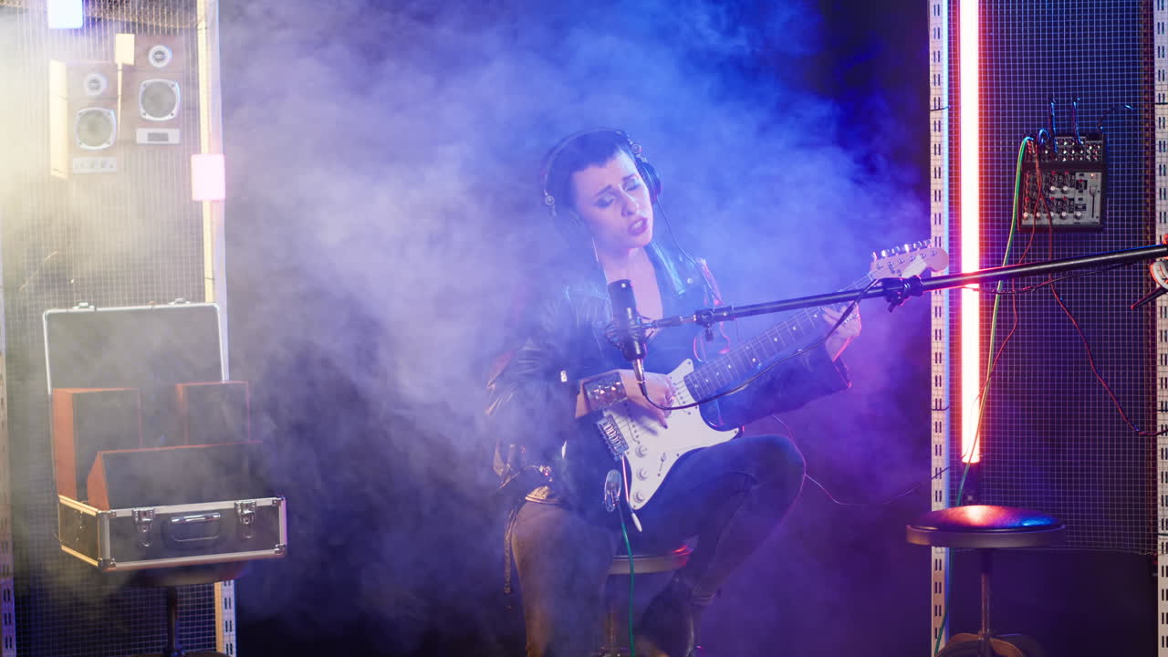 Musician Performing with Guitar in Studio
