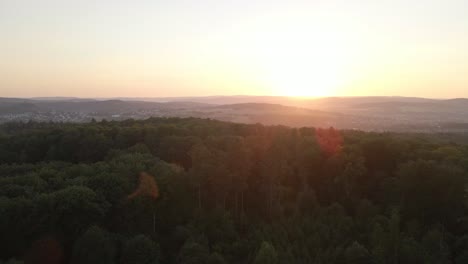 rising drone footage over a huge forest at an orange sunset with mountains in the background