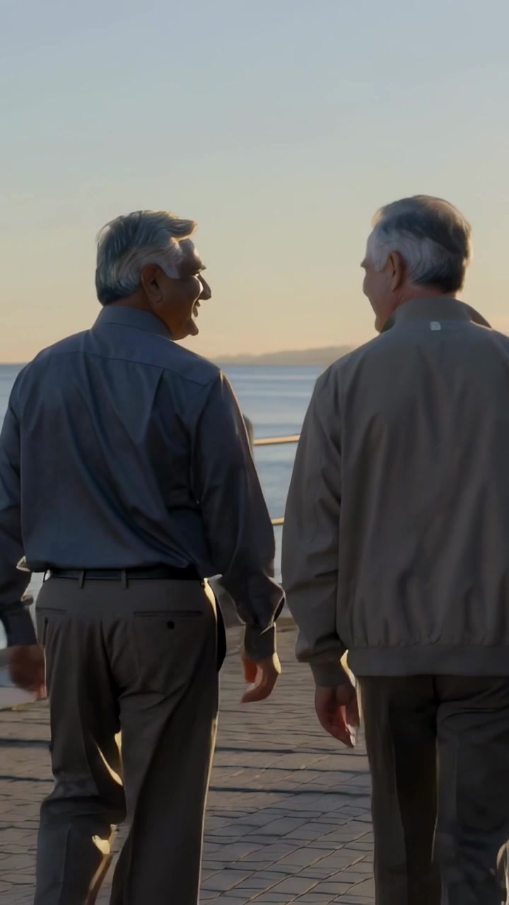 Vertical video: Walking two senior men taking stroll on seafront pausing and viewing railing jacket