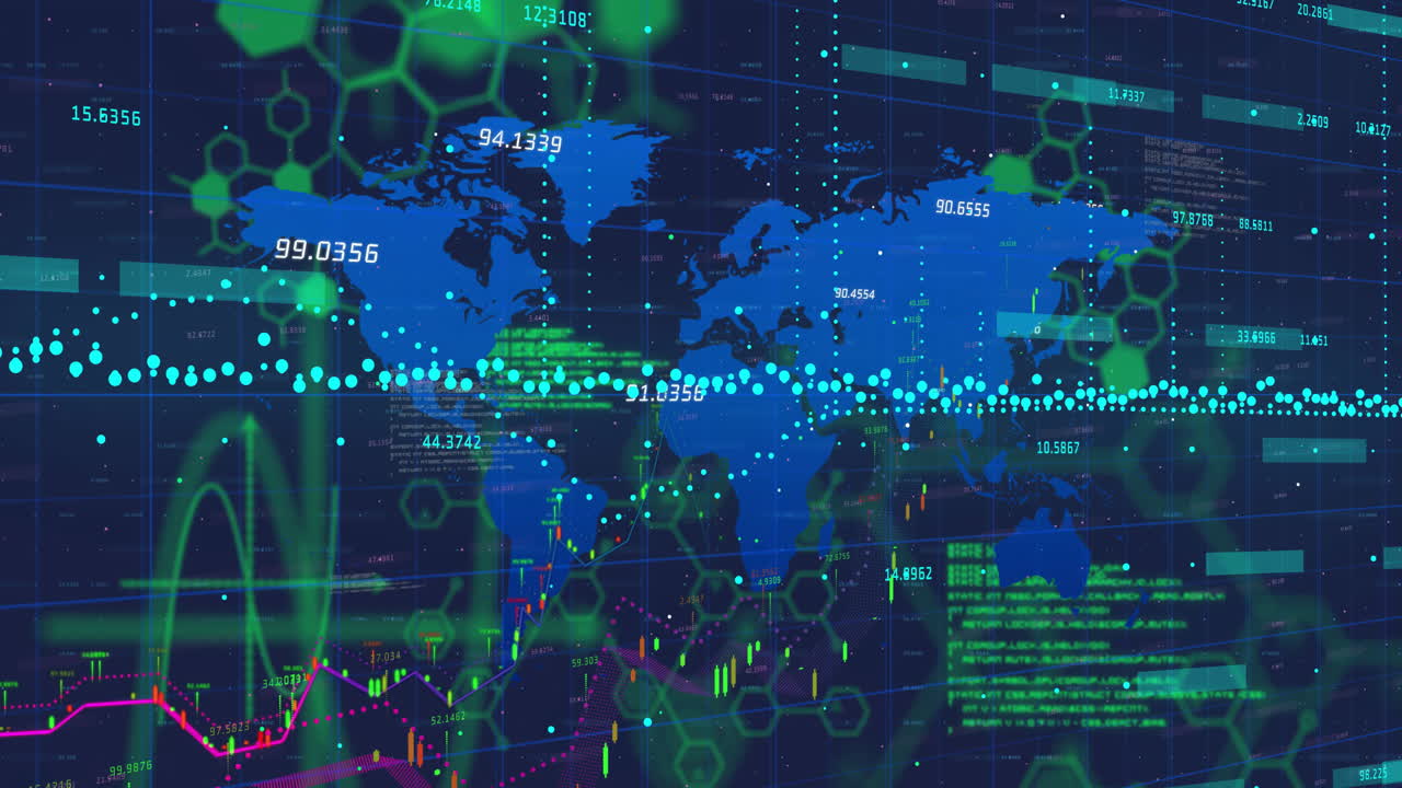 Animation of hexagonal patterns overlaying world map with financial data displayed