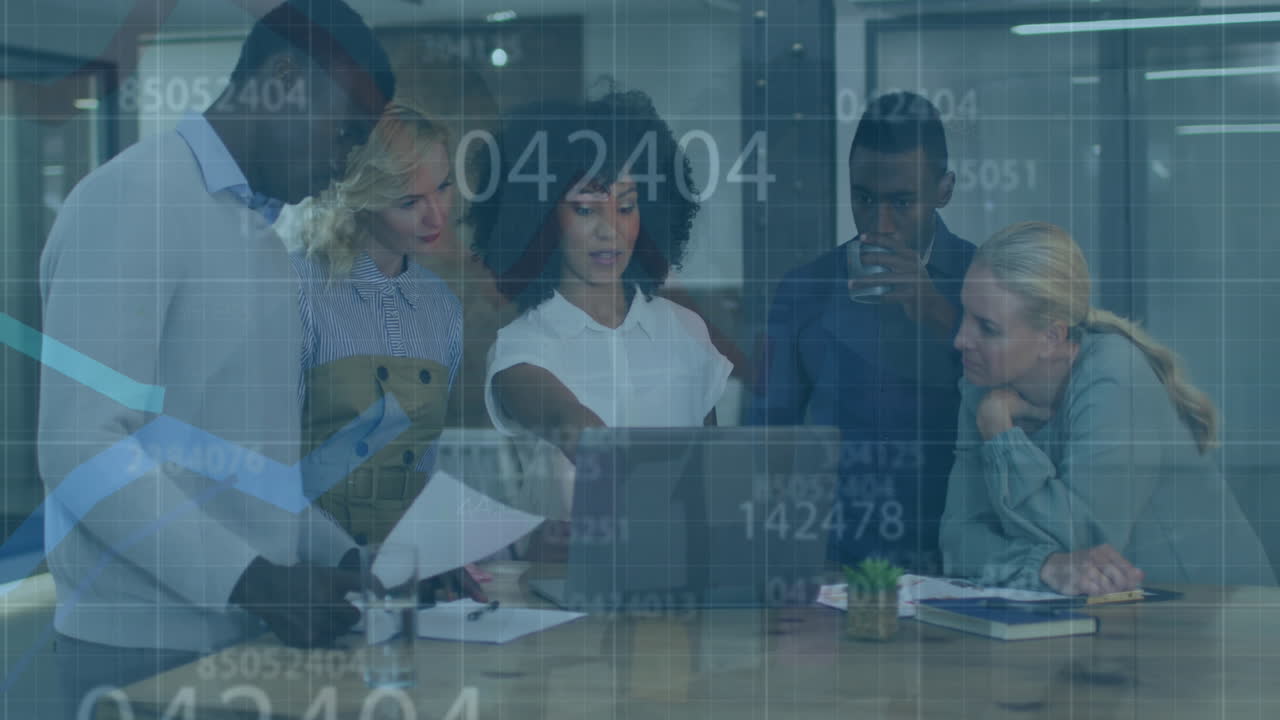 Animation of changing numbers and moving graphs over diverse colleagues discussing at office