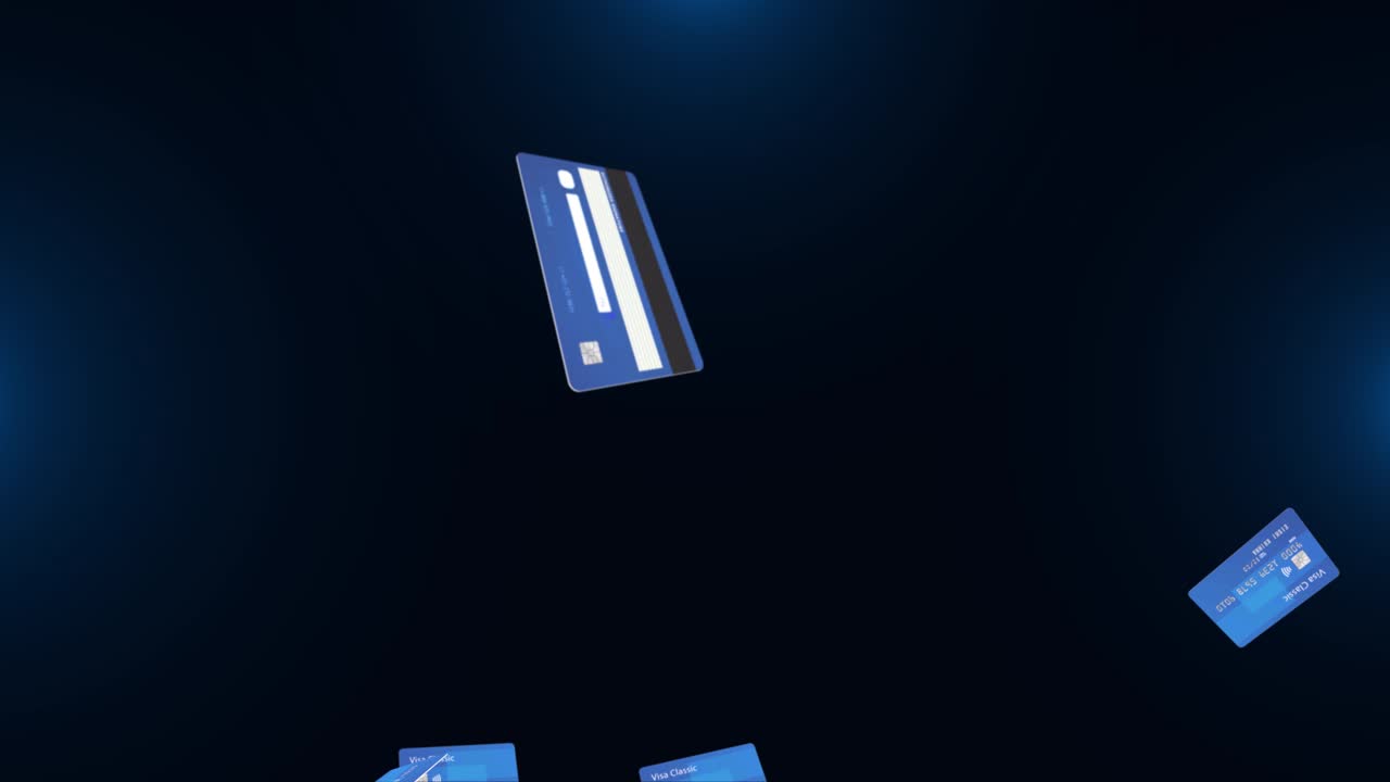 Video motion graphic animation credit card falling down black background online payment cash