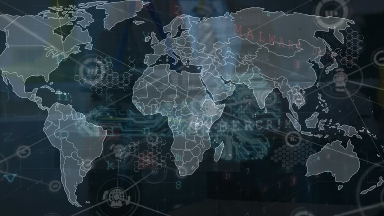 Animation of network of connections and data processing with world map over caucasian man