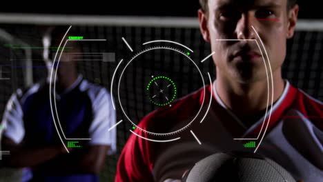 animación de la interfaz digital con bloqueo de seguridad que gira sobre los jugadores de fútbol