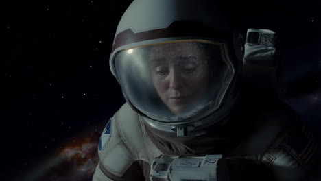 woman crying in astronaut helmet in space with star reflection