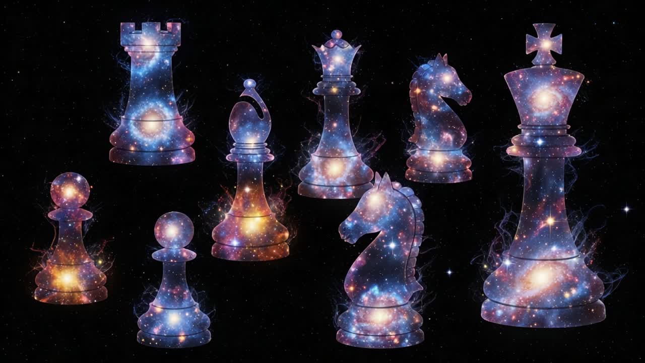 魅惑的な宇宙のチェスセット：銀河系の戦略と想像力が織りなす、星空を背景にした星間チェス駒の幽玄な美しさをご堪能ください。