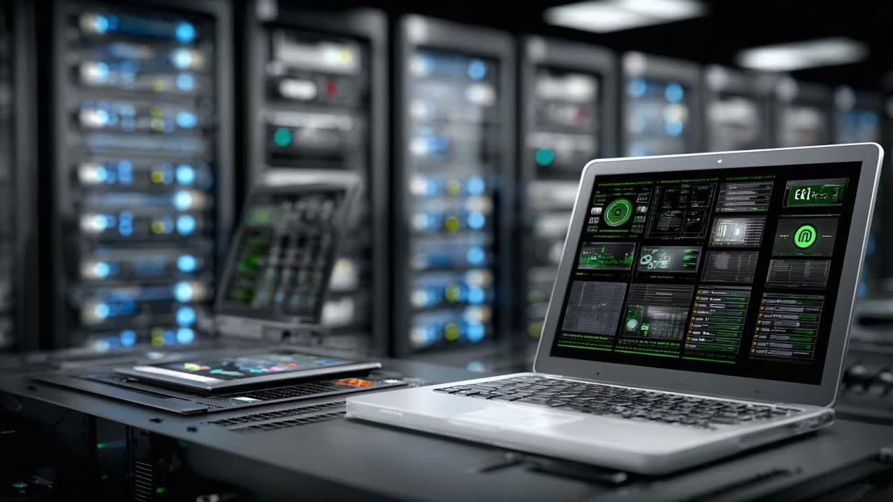 A High-Tech Data Center Scene Featuring Multiple Server Racks with Computers Displaying Real-Time Analytics and Monitoring Data in a Digital Environment