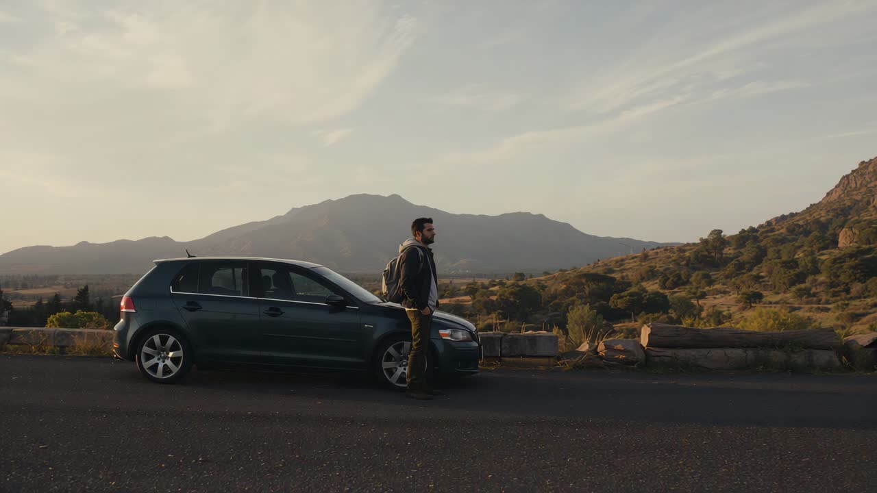 Uomo che scende, con zaino e giacca scura, si volta per ammirare la vetta a bordo strada, vicino a una berlina parcheggiata.