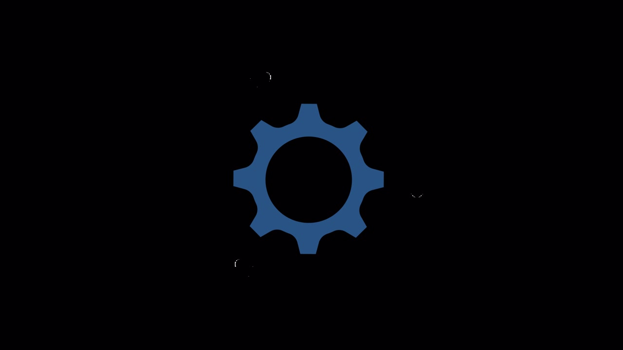 Animated Blue Gear Icon Rotating with Particles on Black Background