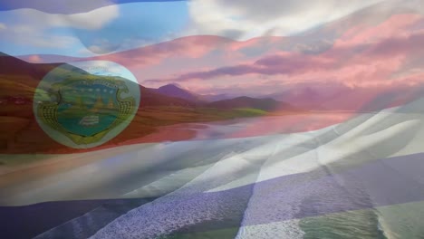 Digital-composition-of-waving-costa-rica-flag-against-aerial-view-of-the-beach